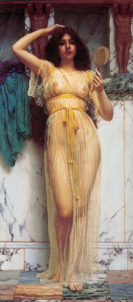 The Mirror John William Godward, 1899 oil on canvas 32 X 15 inches private collection photo public domain from Wikimedia Commons via the Art Renewal Center Museum