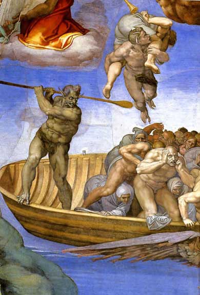 Charon, ferrying the Damned into Hell Michaelangelo detail from The Last Judgement, south wall of the Sistine Chapel photo from italian-renaissance-art.com