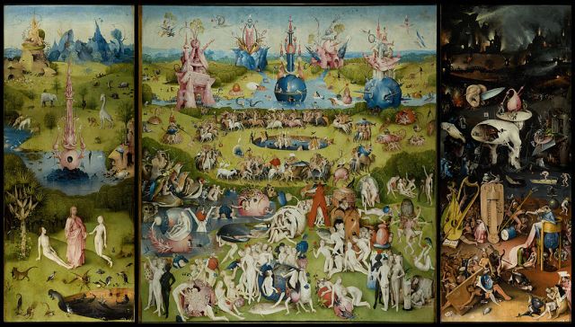 The Garden of Earthly Delights Hieronymous  Bosch ~1490-1510 oil on oak panels, 88 x 175 in The Prado, Madrid photo in public domain from Wikimedia.org