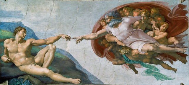 The Creation of Adam Michelangelo, 1511-12 fresco, 189 x 91 in Ceiling of the Sistine Chapel, The Vatican photo in public domain for Wikimedia.org