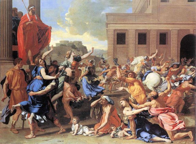 The Rape of the  Sabine Women Nicolas Poussin, 1637-8 oil on canvas,  Louvre Museum photo in public domain from Wikimedia.org