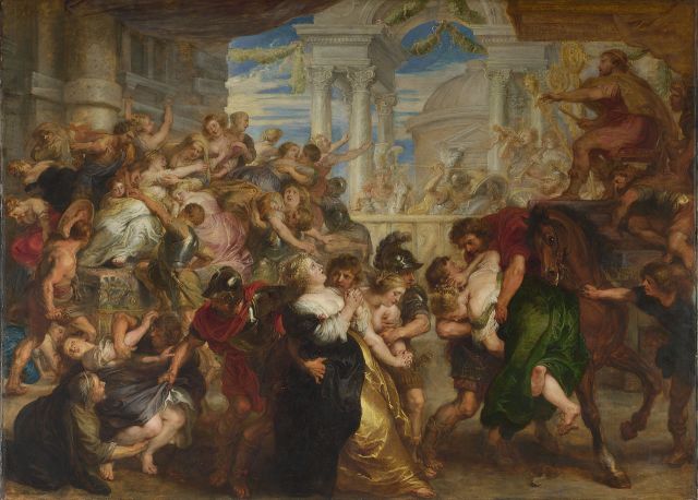 Rape of the Sabine Women Peter Paul Rubens, 1635-7 oil on panel, 67 x 93 in National Gallery, London photo in public domain form Wikimedia.org via Web Gallery of Art